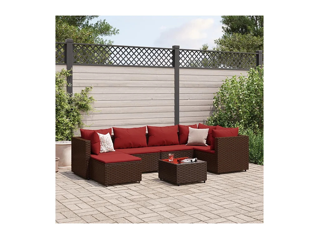 Salon de jardin avec coussins 7 pcs marron résine tressée