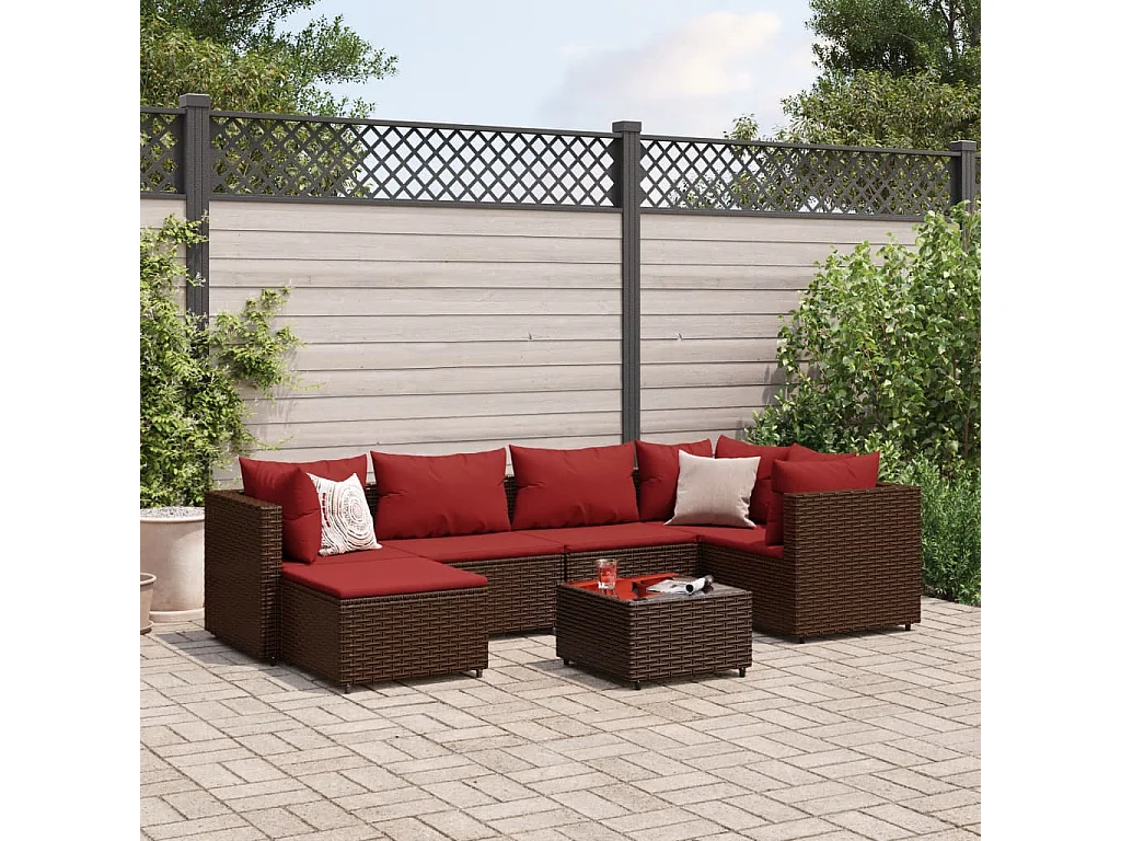 7-tlg. Garten-Lounge-Set mit Kissen Braun Poly Rattan
