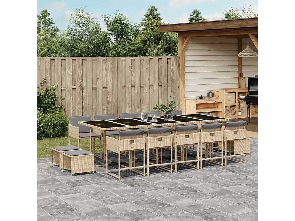 Set comedor de jardín con cojines 15 pzas ratán sintético beige
