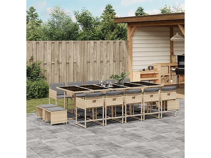 Set Pranzo da Giardino 15 pz con Cuscini Beige Misto Polyrattan