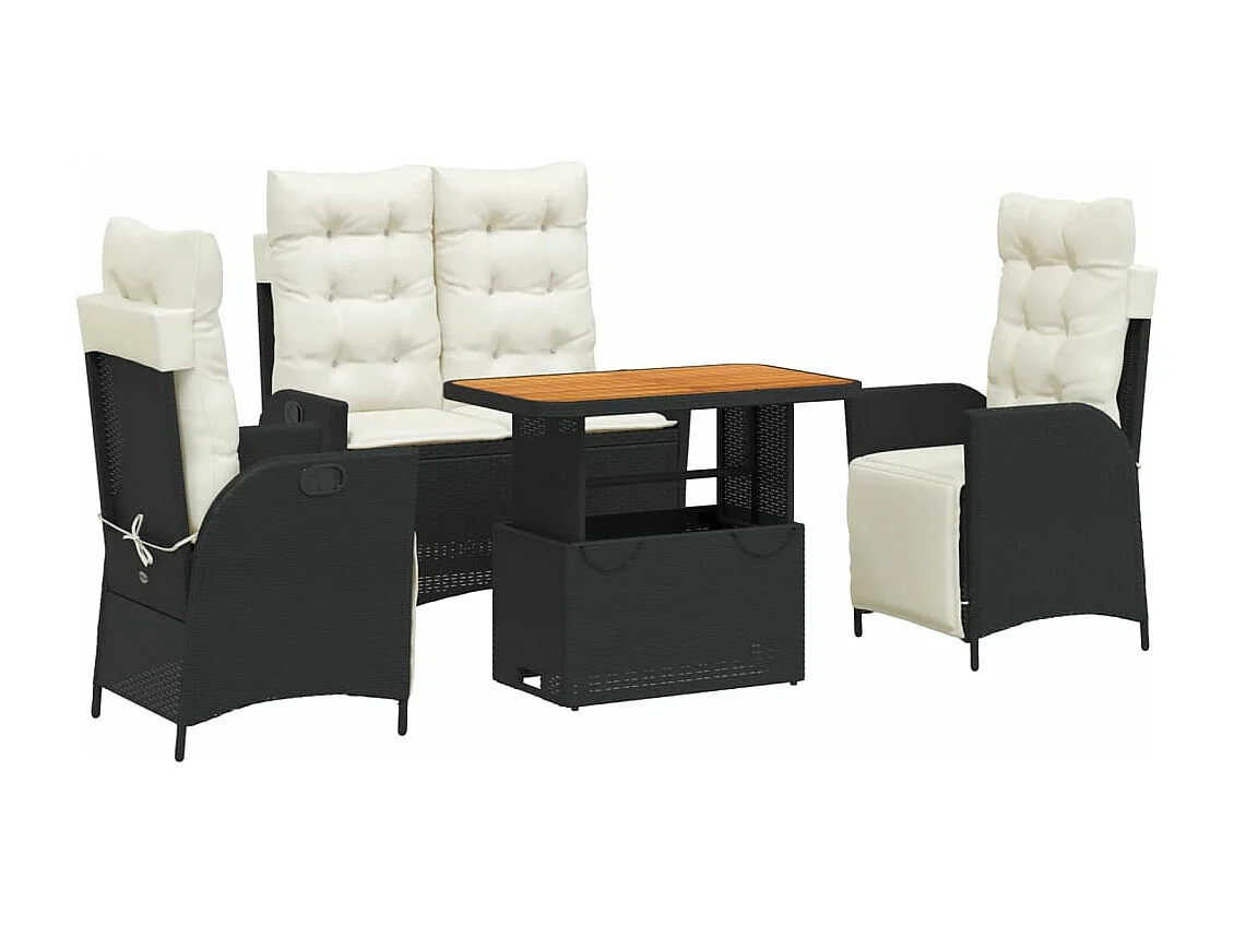 Set da Pranzo da Giardino 4 pz con Cuscini Nero in Polyrattan