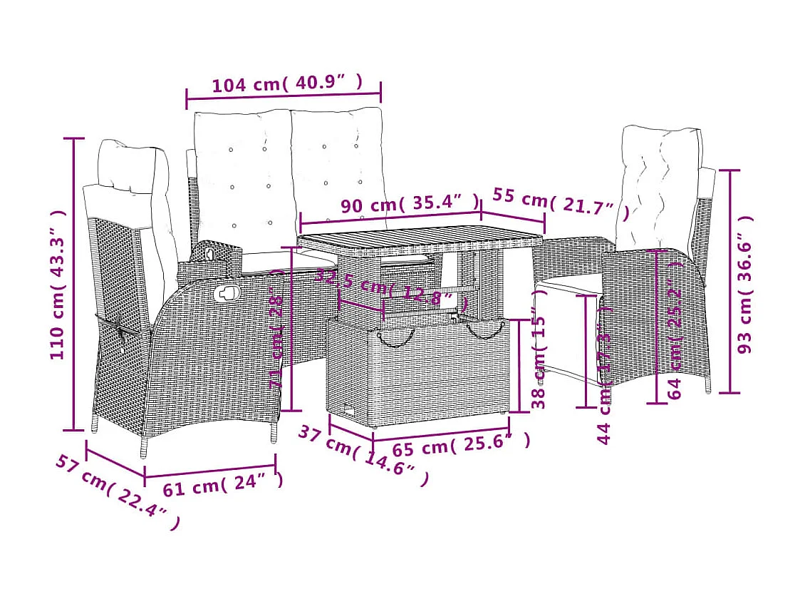 Set da Pranzo da Giardino 4 pz con Cuscini Nero in Polyrattan