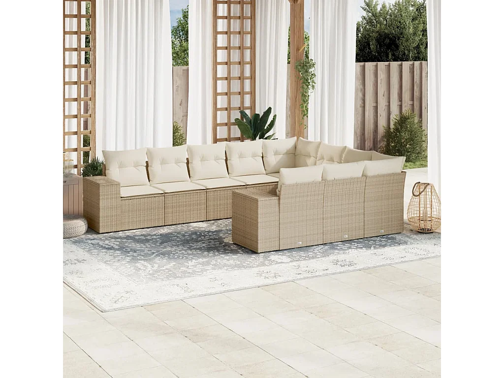 Salon de jardin avec coussins 10 pcs beige résine tressée