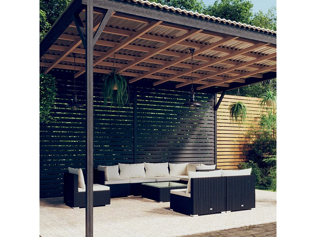 9-tlg. Garten-Lounge-Set mit Kissen Poly Rattan Schwarz