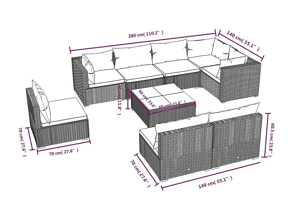 9-tlg. Garten-Lounge-Set mit Kissen Poly Rattan Schwarz