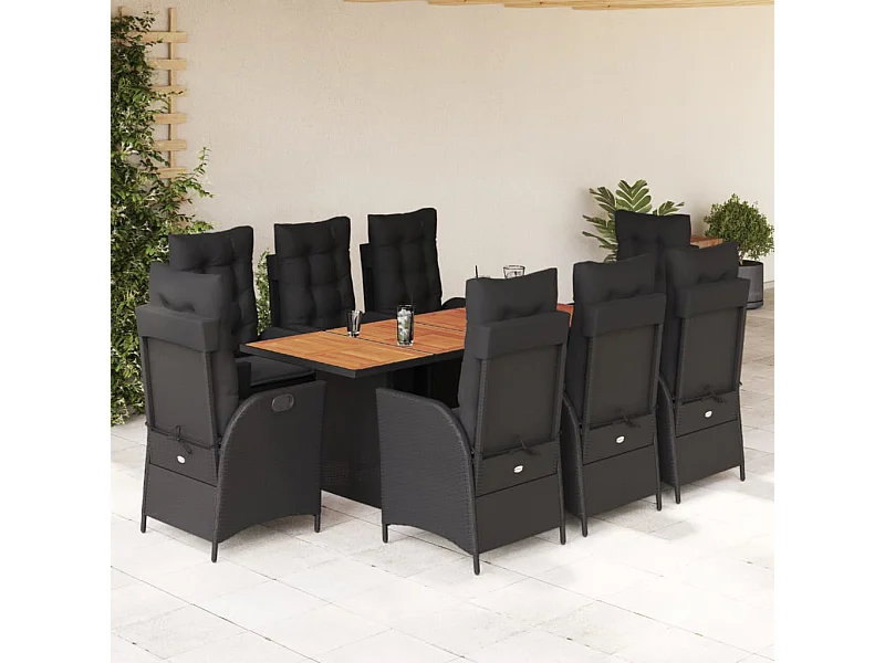 Set de comedor de jardín 9 pzas y cojines ratán sintético negro