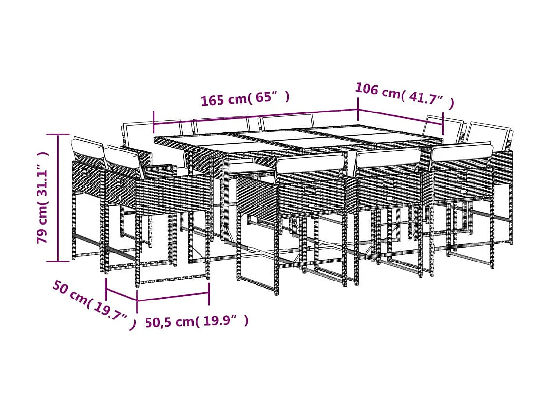 Ensemble à manger de jardin 11pcs avec coussins gris poly rotin
