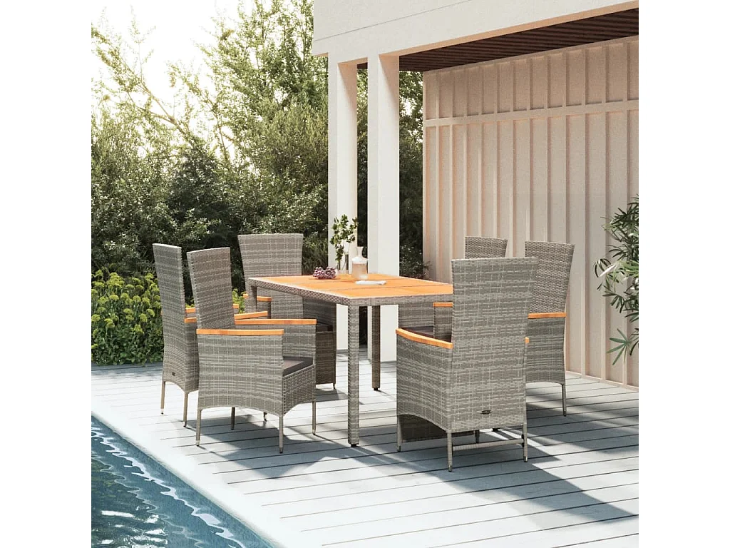Set da Pranzo da Giardino 7 pz con Cuscini in Polyrattan Grigio
