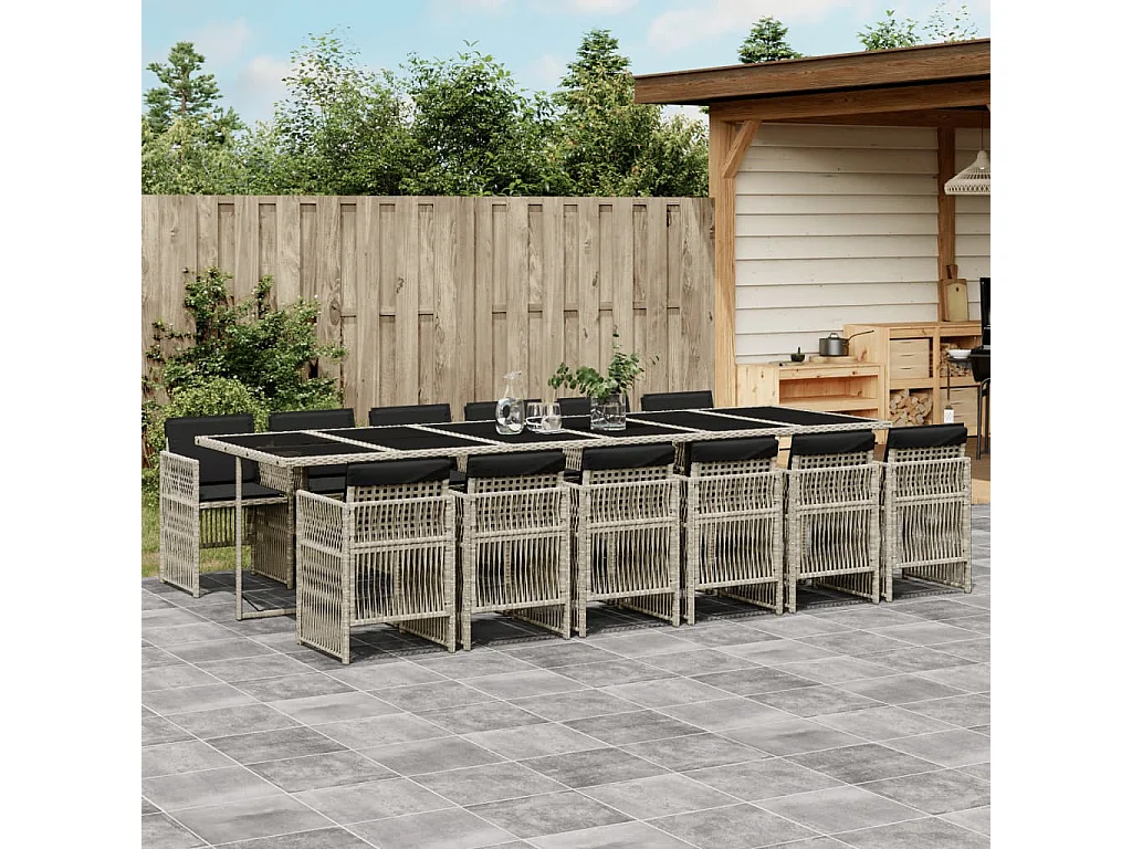 Set da Pranzo da Giardino 13pz con Cuscini Grigio in Polyrattan