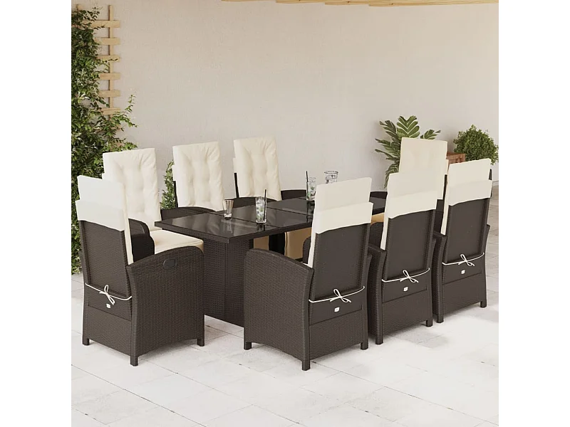 Set comedor para jardín 9 pzas y cojines ratán sintético marrón
