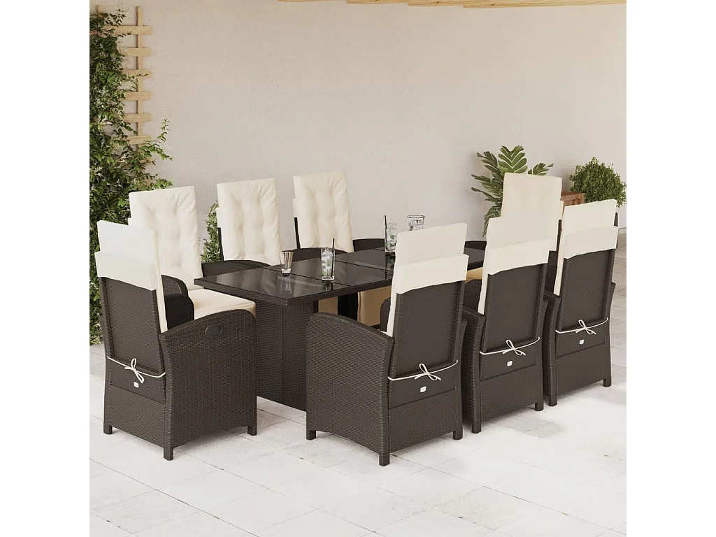 9 pcs conjunto jantar p/ jardim c/ almofadões vime PE castanho