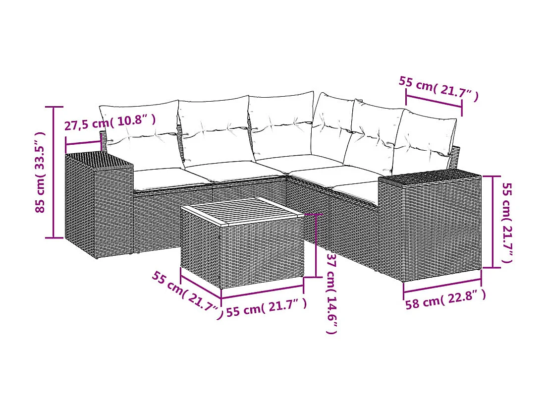 6 pcs conjunto de sofás p/ jardim com almofadões vime PE bege