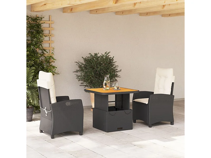 Set da Pranzo da Giardino 3 pz con Cuscini Nero in Polyrattan