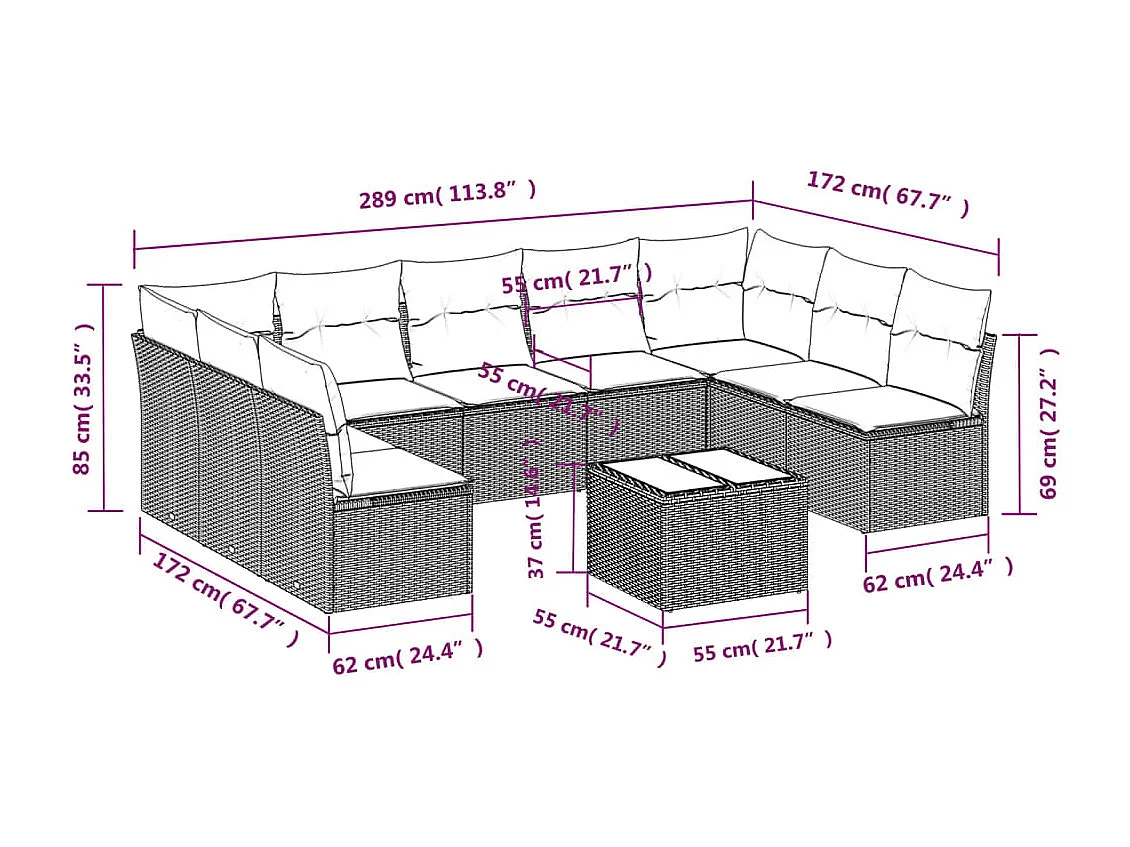 10-delige Loungeset met kussens poly rattan zwart