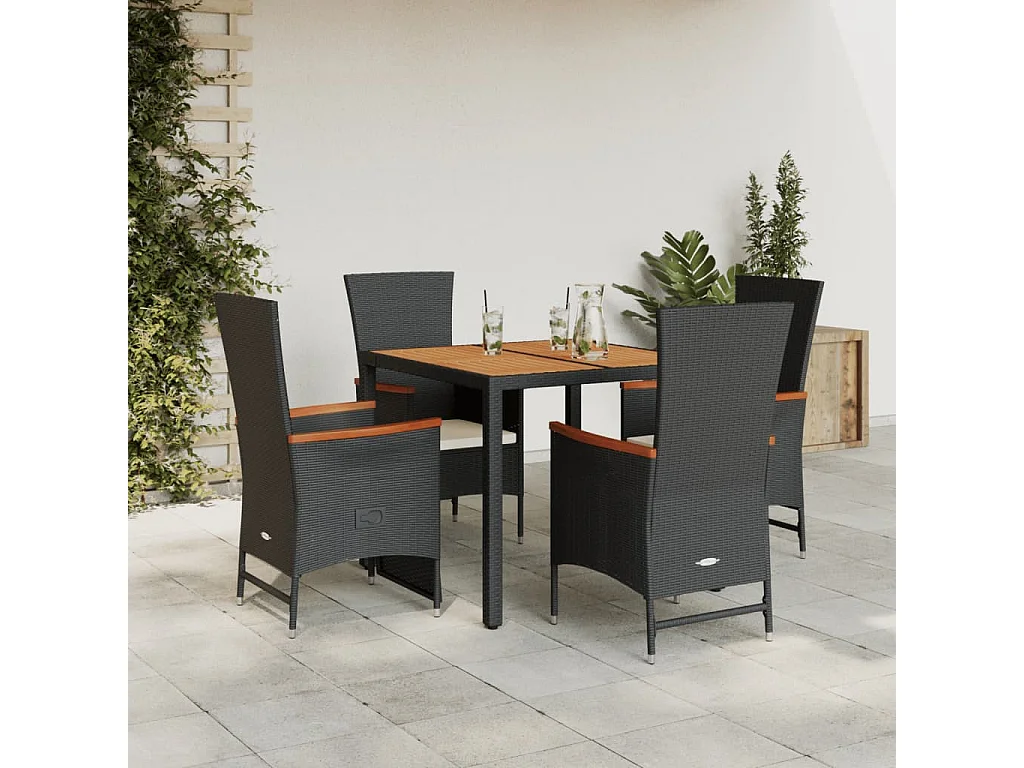 5-tlg. Garten-Essgruppe mit Kissen Schwarz Poly Rattan