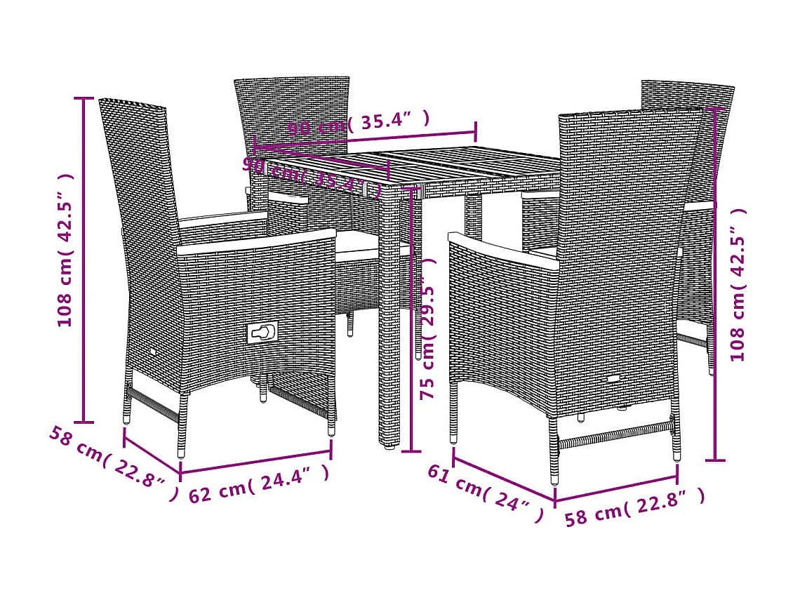 5-tlg. Garten-Essgruppe mit Kissen Schwarz Poly Rattan