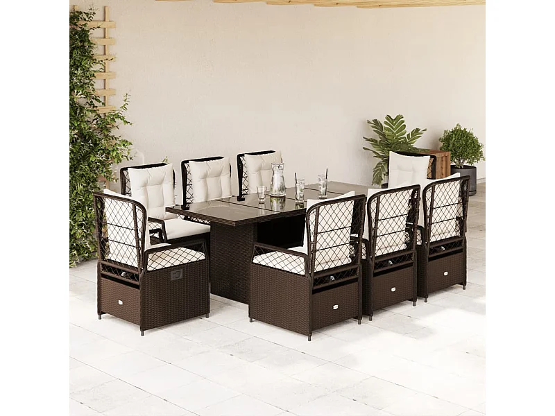 Set comedor para jardín 9 pzas y cojines ratán sintético marrón