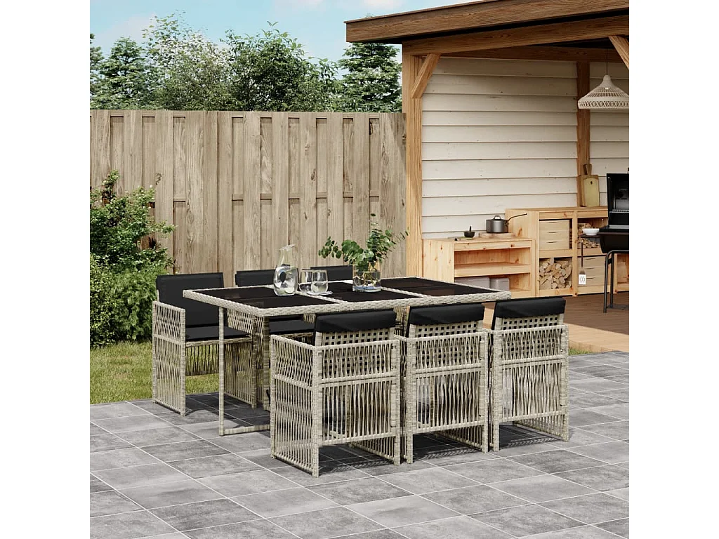 Set da Pranzo da Giardino 7 pz Cuscini Polyrattan Grigio Chiaro
