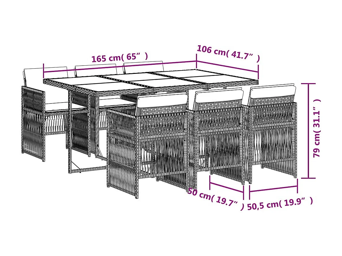 Set da Pranzo da Giardino 7 pz Cuscini Polyrattan Grigio Chiaro