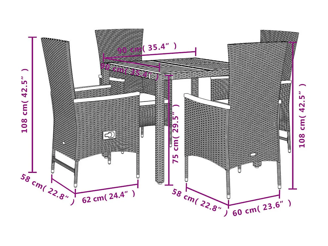 Ensemble à manger de jardin coussins 5pcs Noir Résine tressée