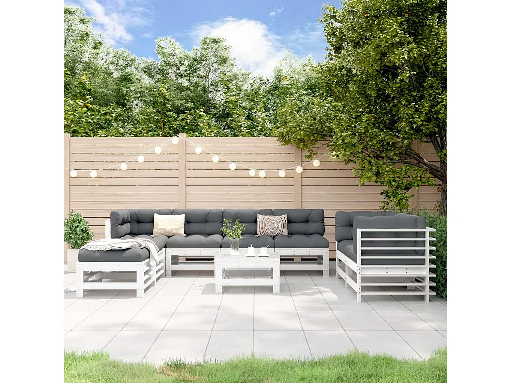 Salon de jardin 9 pcs Blanc Bois de pin massif