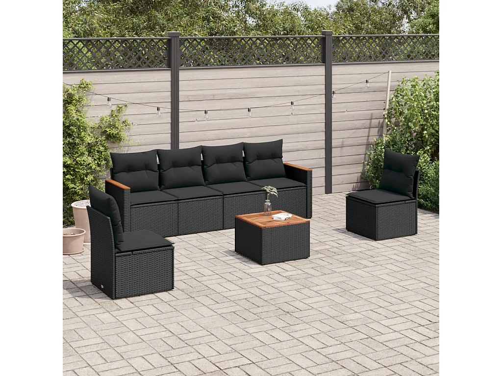 7-tlg. Garten-Sofagarnitur mit Kissen Schwarz Poly Rattan
