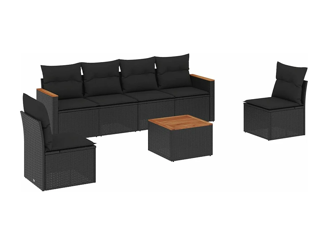 7-tlg. Garten-Sofagarnitur mit Kissen Schwarz Poly Rattan