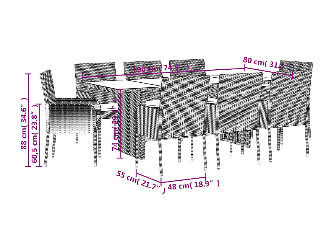 9-tlg. Garten-Essgruppe mit Kissen Schwarz Poly Rattan