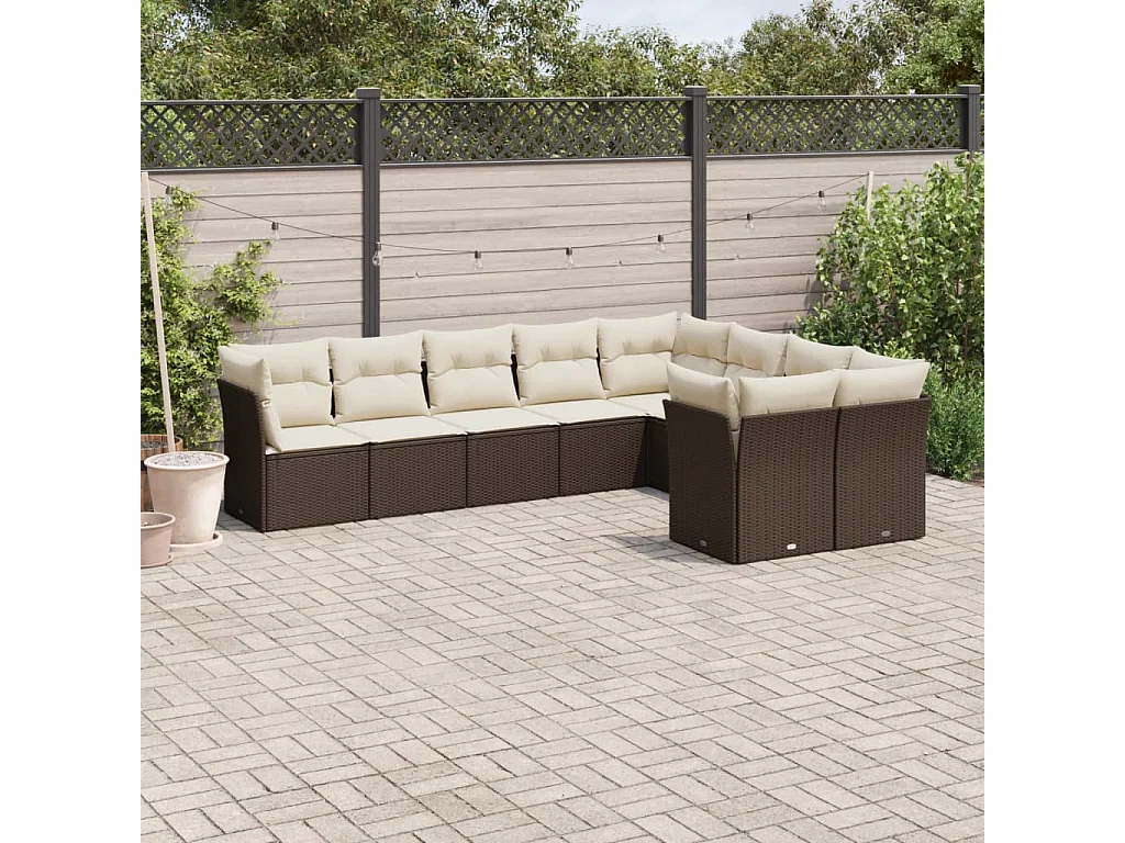 Salon de jardin avec coussins 9 pcs marron résine tressée