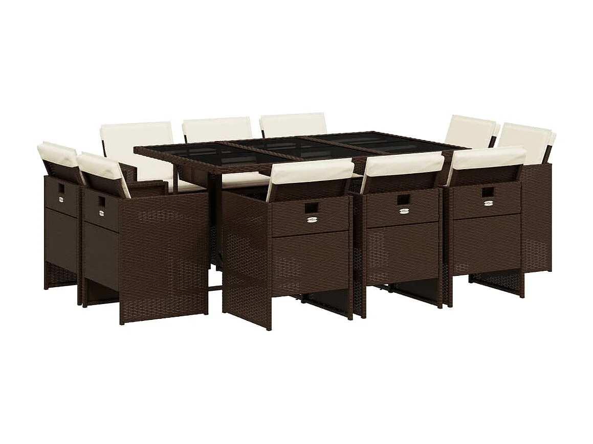 Set da Pranzo da Giardino 11 pz con Cuscini Polyrattan Marrone