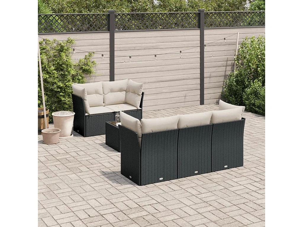 Set Divani da Giardino con Cuscini 7pz Nero Polyrattan