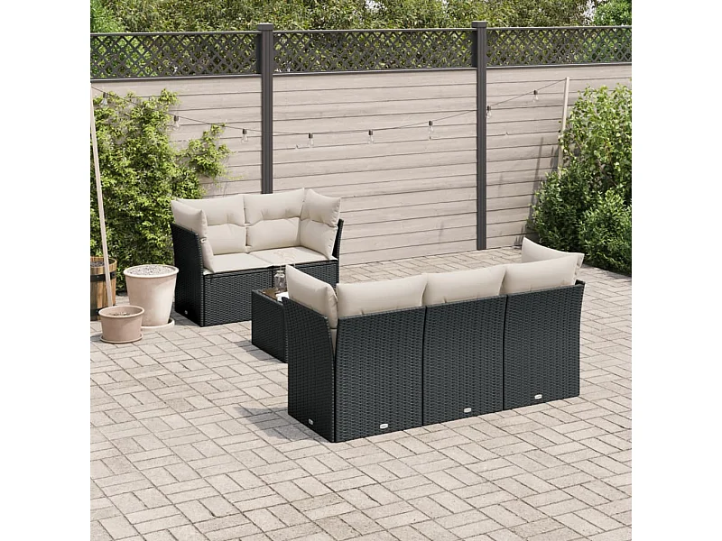 7-delige Loungeset met kussens poly rattan zwart