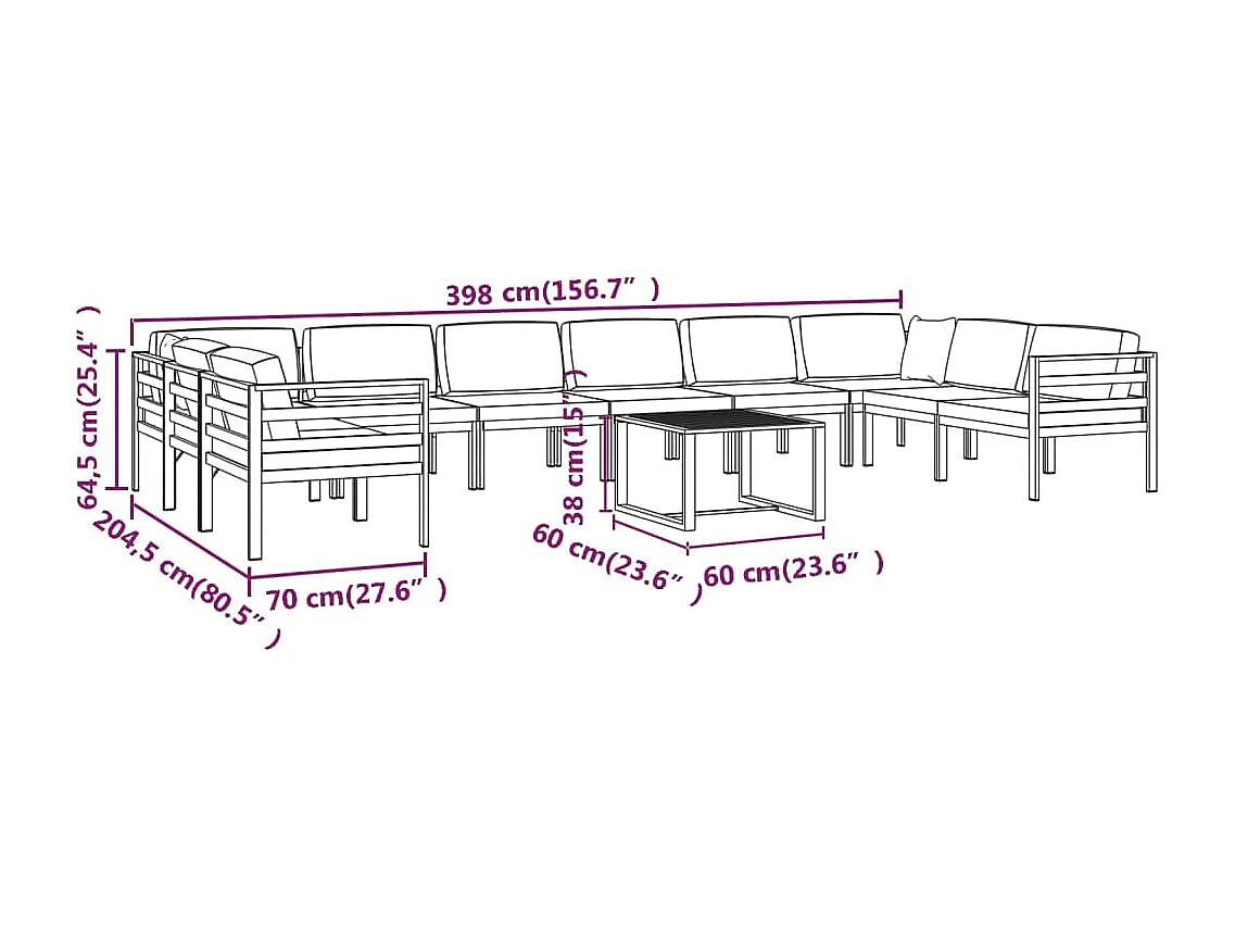 Salon de jardin 11 pcs avec coussins Aluminium Anthracite