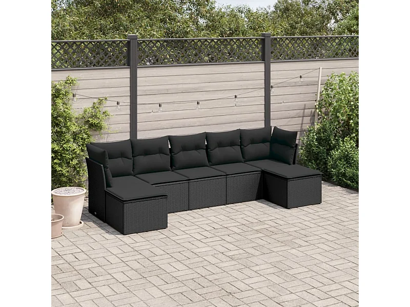 Salon de jardin 7 pcs avec coussins noir résine tressée