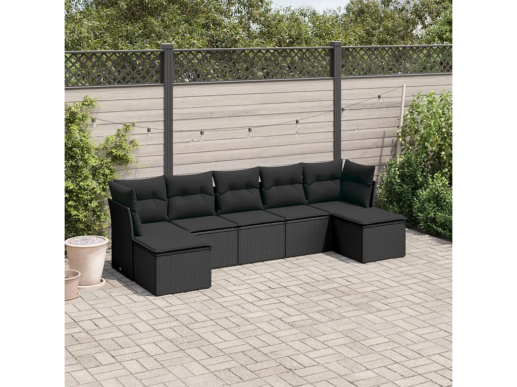 Salon de jardin 7 pcs avec coussins noir résine tressée
