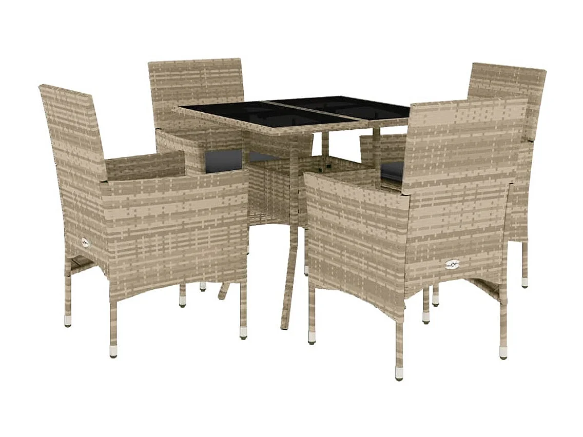 Set comedor jardín 5 pzas y cojines ratán PE vidrio gris claro