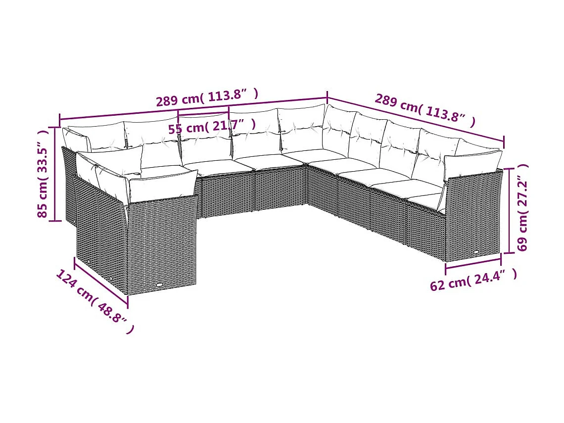 11 pcs conjunto sofás de jardim c/ almofadões vime PE castanho