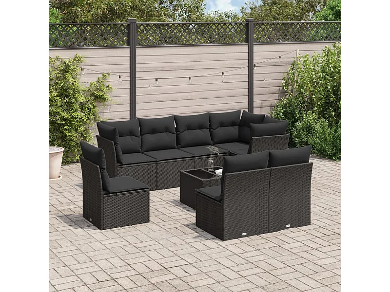Set Divani da Giardino 9 pz con Cuscini Nero in Polyrattan