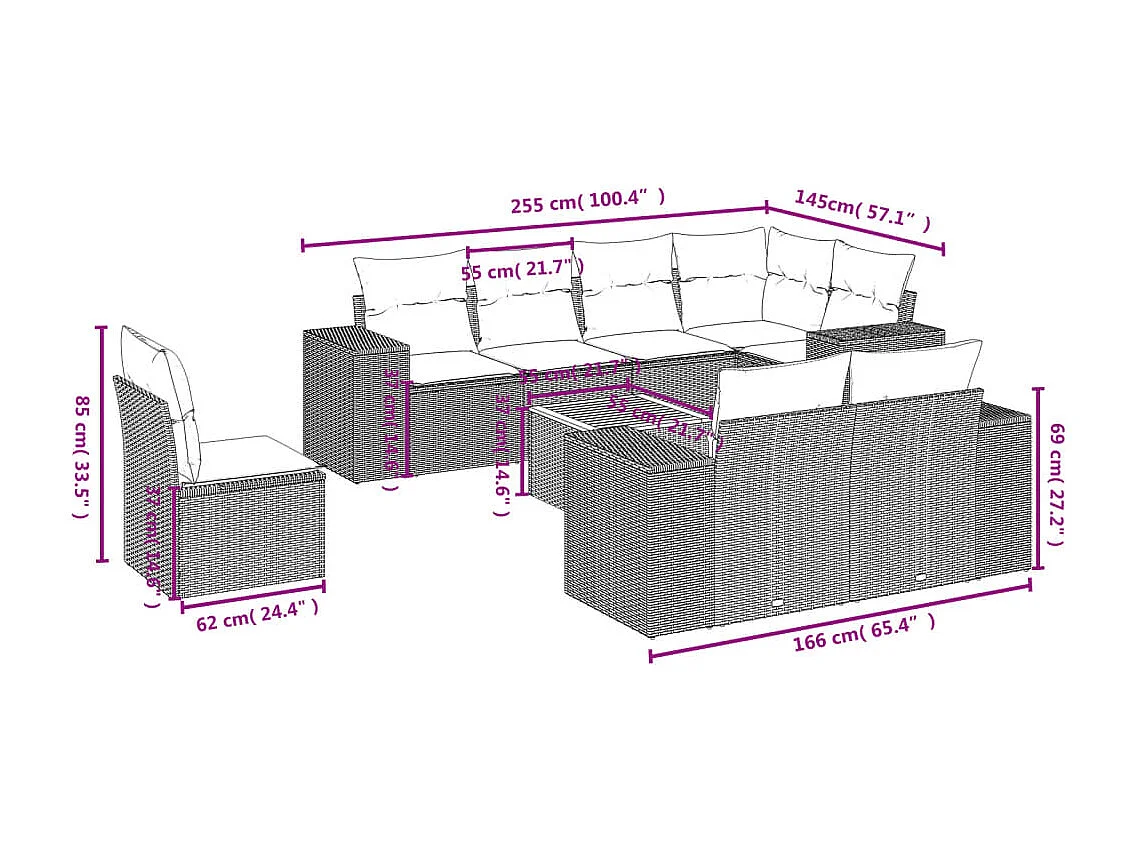 Salon de jardin avec coussins 9 pcs beige résine tressée