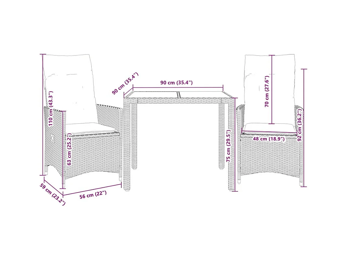 Ensemble de bistro 3 pcs avec coussins beige résine tressée