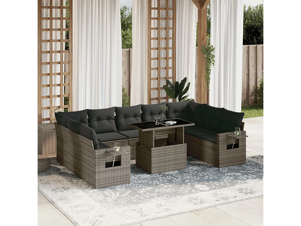 10-delige Loungeset met kussens poly rattan grijs