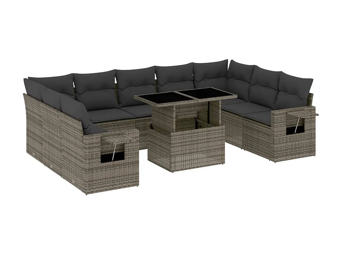 10-delige Loungeset met kussens poly rattan grijs