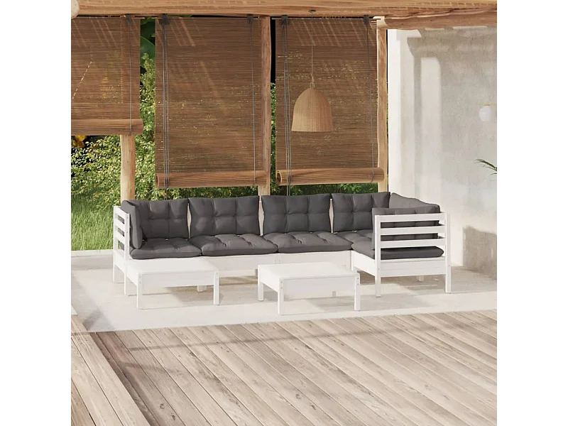 Set Divani da Giardino 7 pz con Cuscini Bianchi Legno di Pino