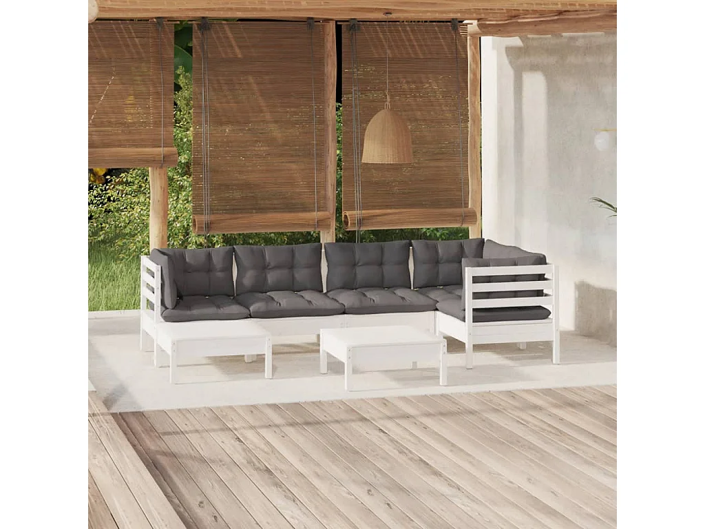 Set Divani da Giardino 7 pz con Cuscini Bianchi Legno di Pino