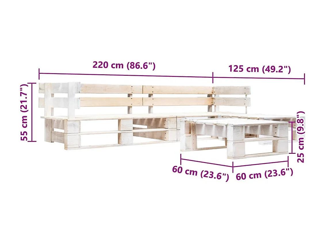 Set Divani da Giardino su Pallet 4 pz in Legno Bianco