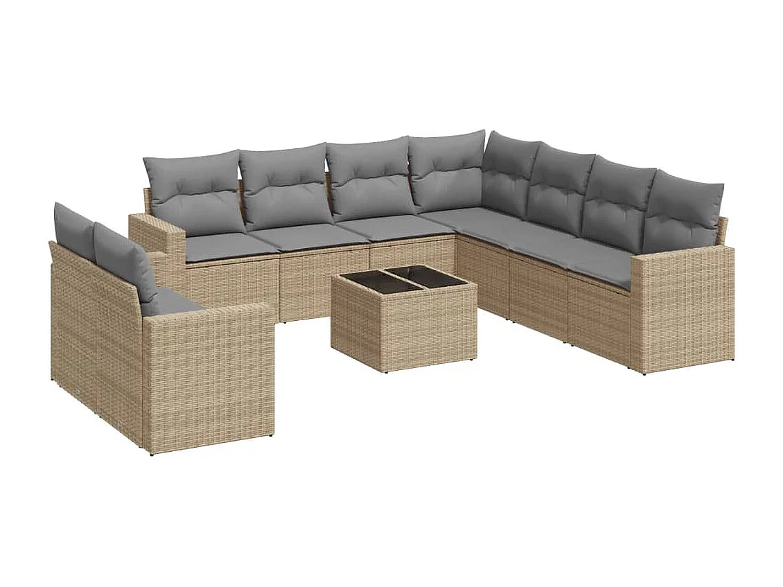 Salon de jardin avec coussins 10 pcs beige résine tressée