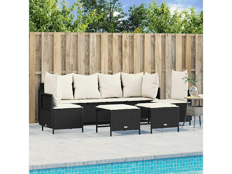 5-delige Loungeset met kussens poly rattan zwart