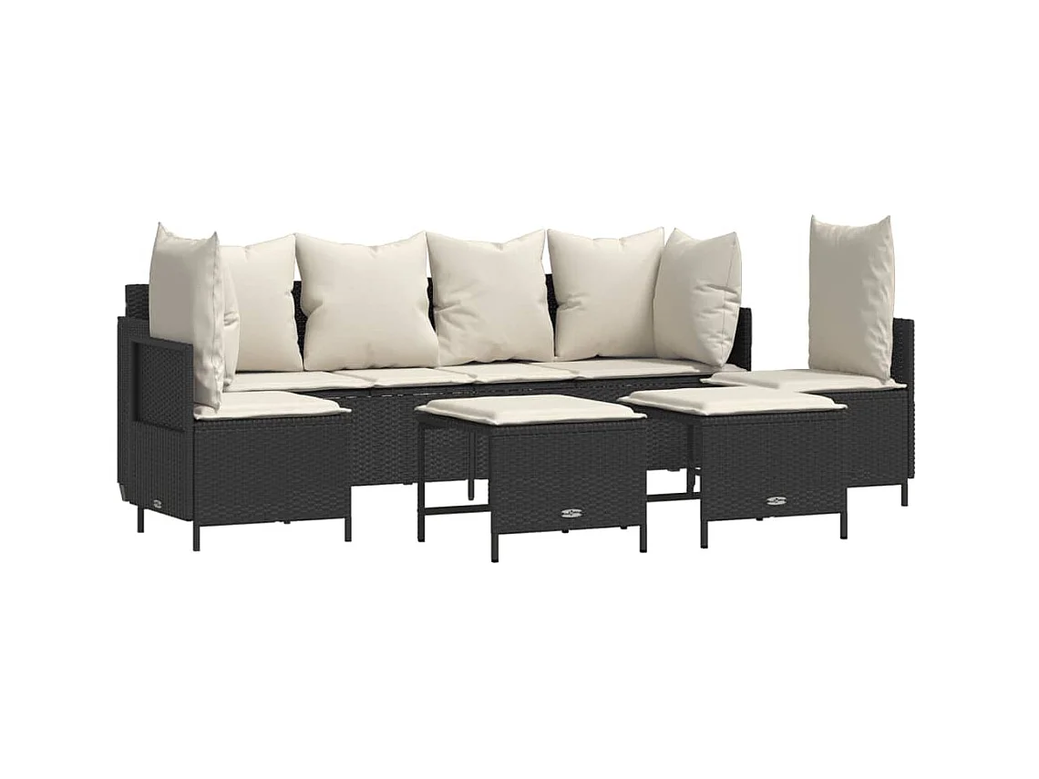 5-delige Loungeset met kussens poly rattan zwart