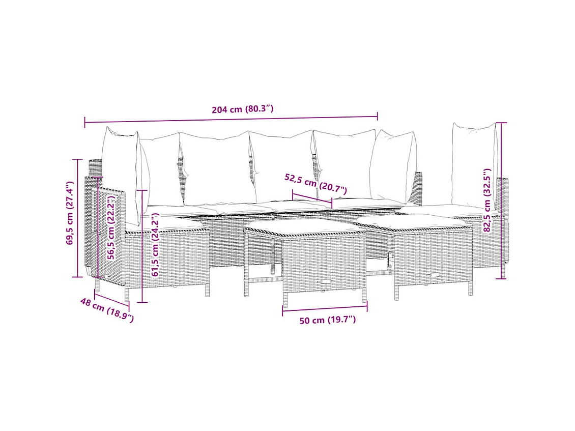 5-delige Loungeset met kussens poly rattan zwart