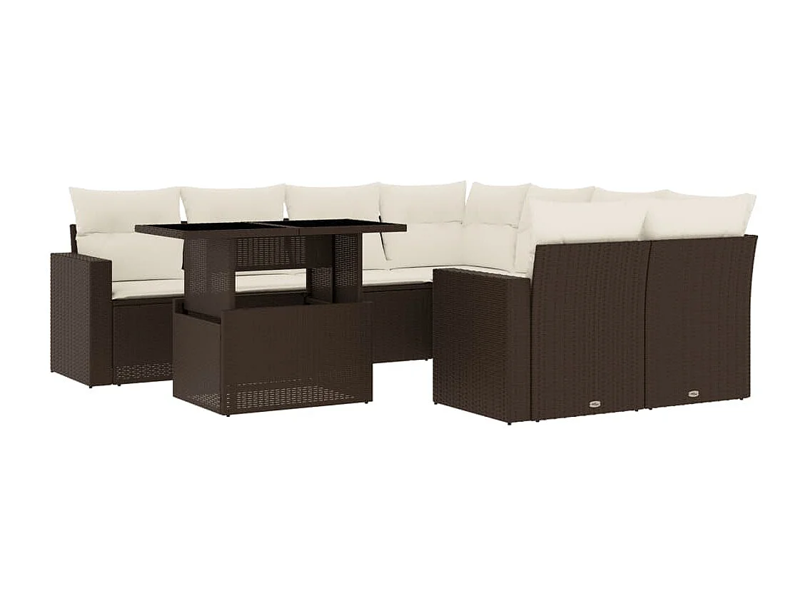 Salon de jardin avec coussins 9 pcs marron résine tressée